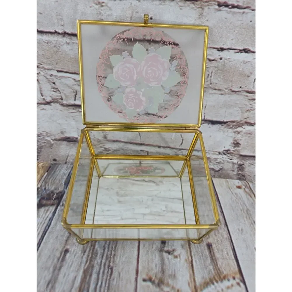 Vintage Roses Glass and Brass Jewelry Trinket Box